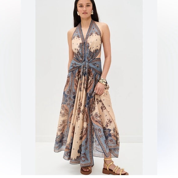 Zimmermann Dresses & Skirts - NWOT Zimmermann Beige and Blue Paisley Halter Tie-Waist Maxi Dress